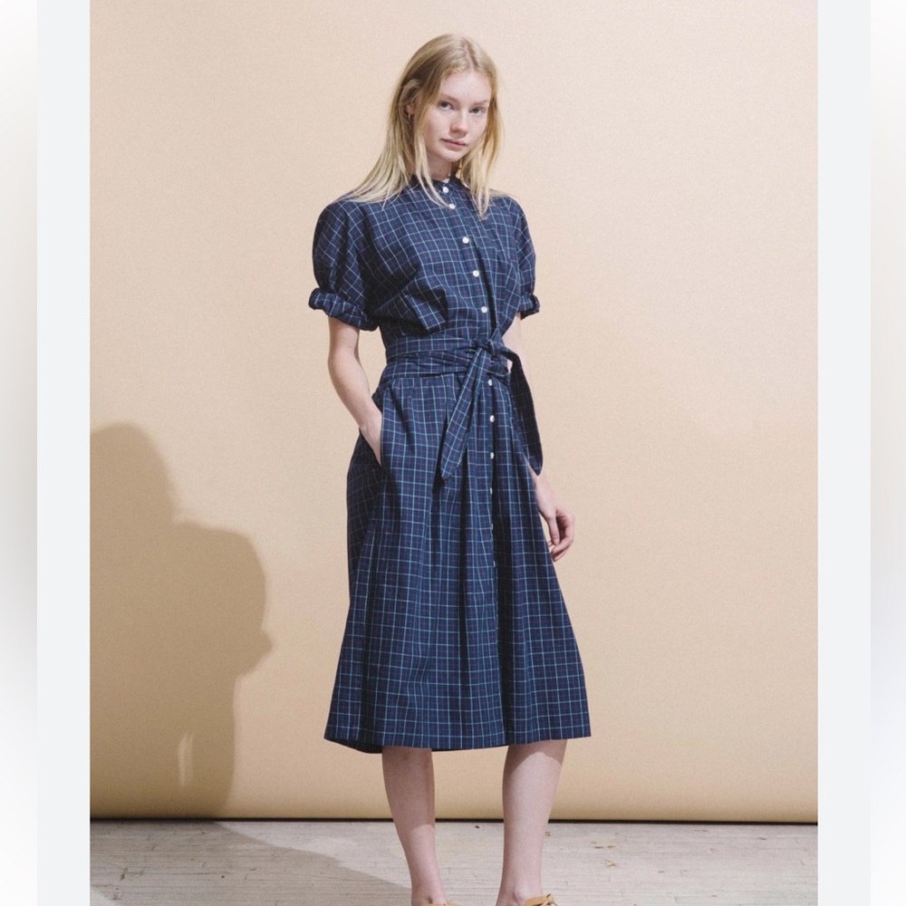 Sea New York Blue and White Puff Sleeve Midi Dress